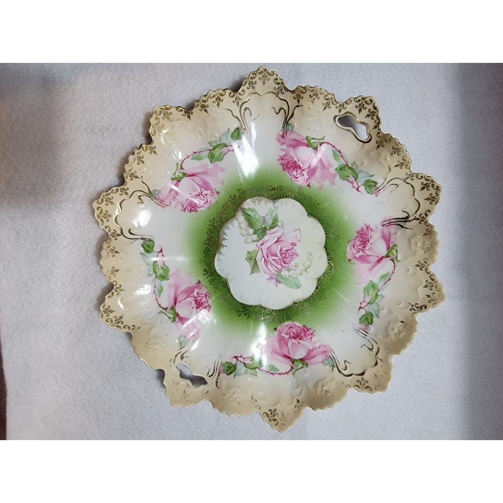 VINTAGE Porcelain Double Handled Plate Roses and Gold Trim R.S. Prussia